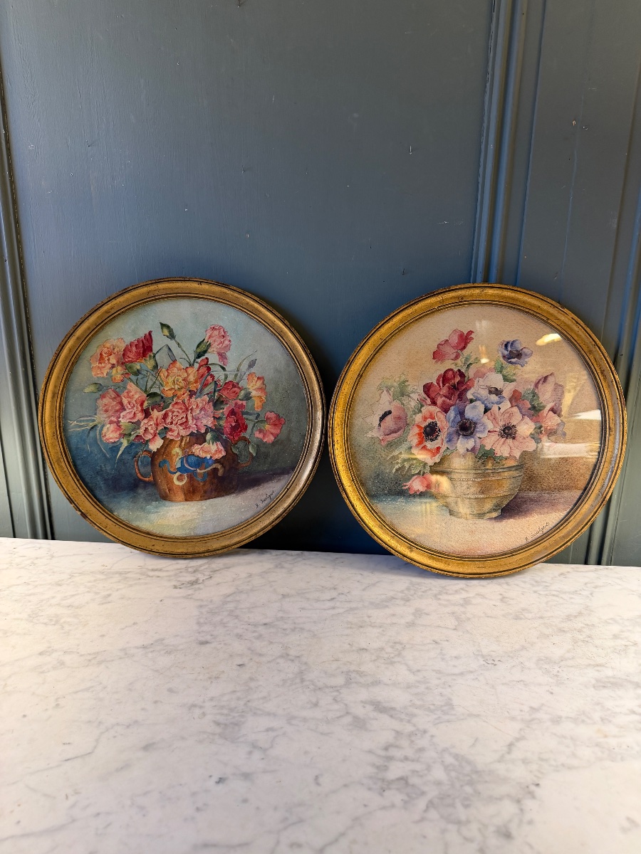 Paire d'aquarelles de fleurs début XXème, Diamètre 36 cm-photo-5