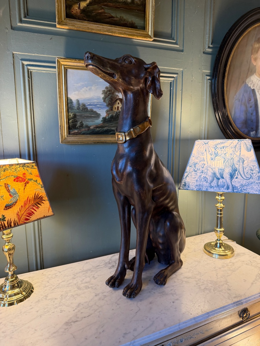 Painted And Carved Wooden Greyhound, 75 Cm Tall-photo-2