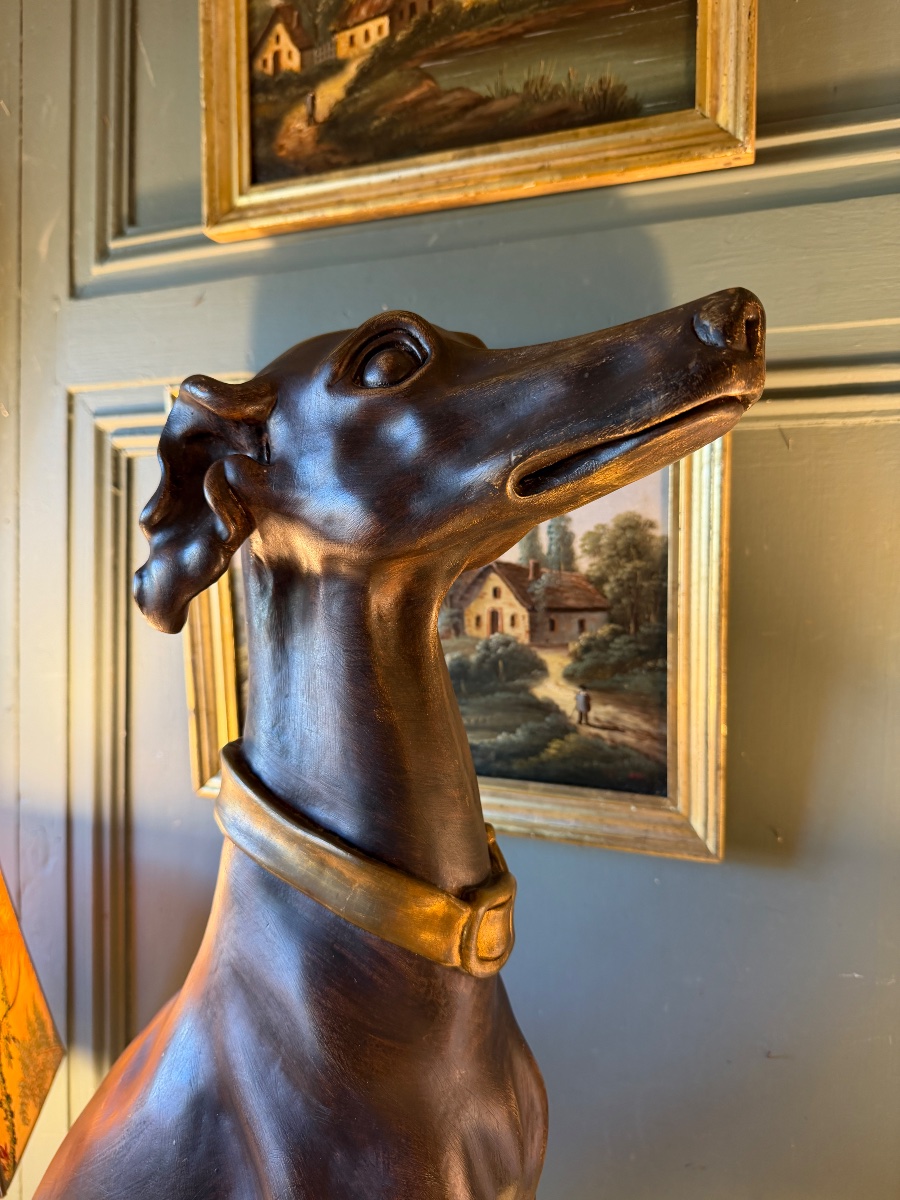 Painted And Carved Wooden Greyhound, 75 Cm Tall-photo-2