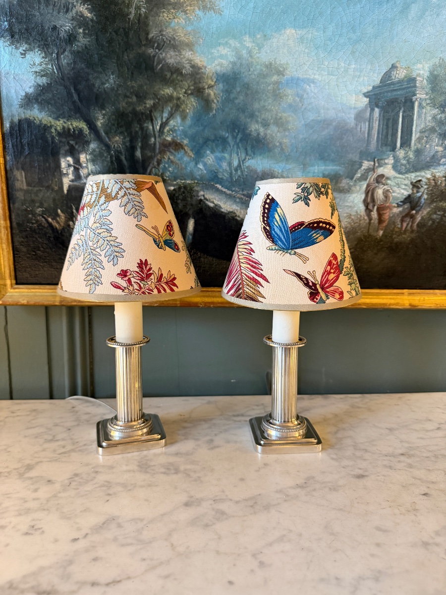 Paire de petites lampes en métal argenté, Hauteur 26 cm-photo-4