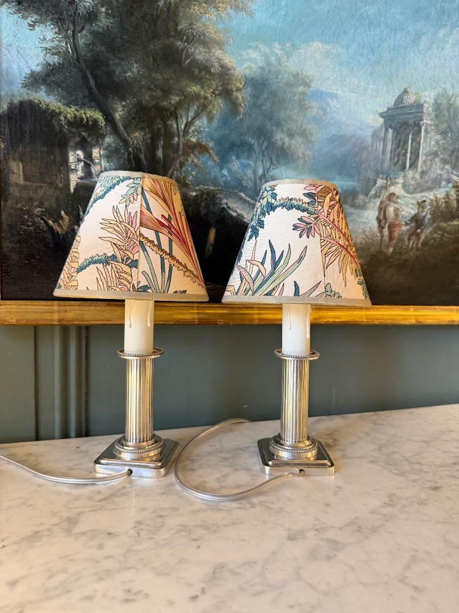 Paire de petites lampes en métal argenté, Hauteur 26 cm-photo-1