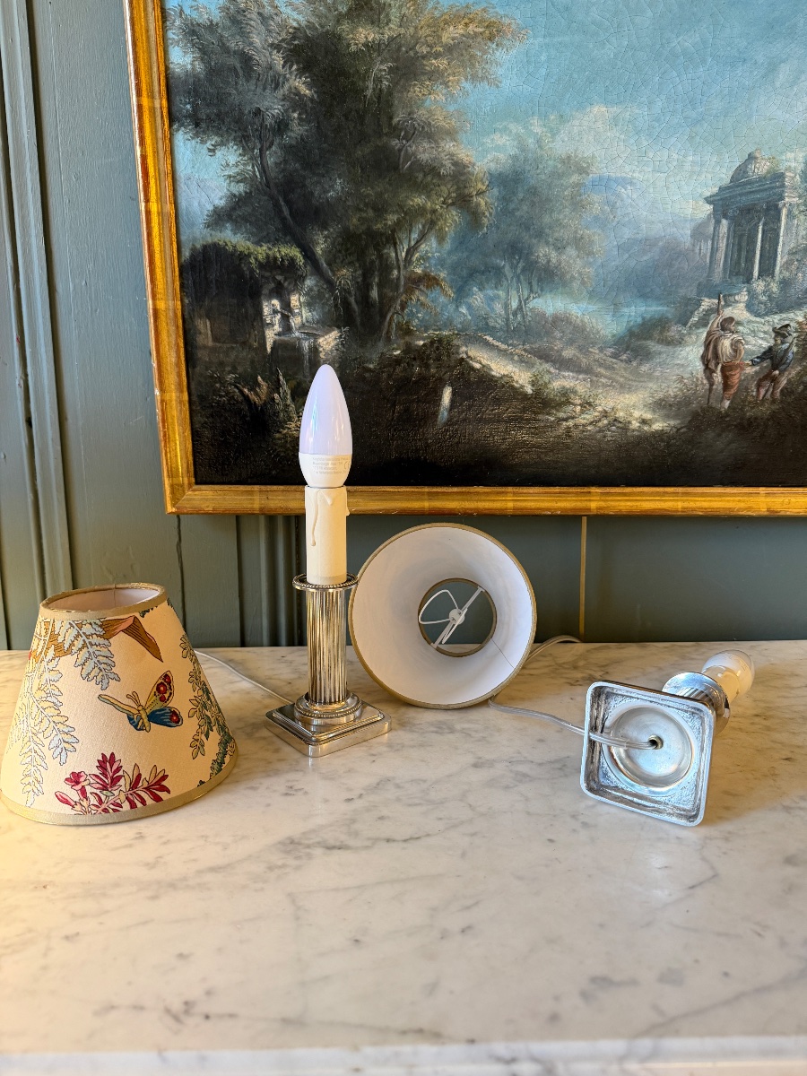Paire de petites lampes en métal argenté, Hauteur 26 cm-photo-4