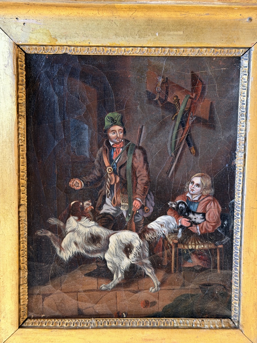 Petit tableau XIXème, scène de chasse avec personnages et chiens-photo-2