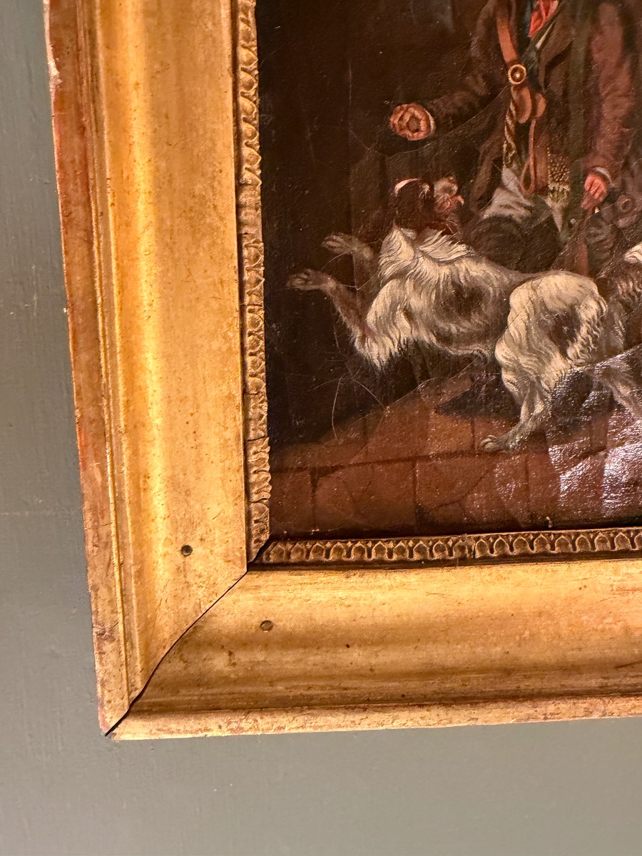 Petit tableau XIXème, scène de chasse avec personnages et chiens-photo-1