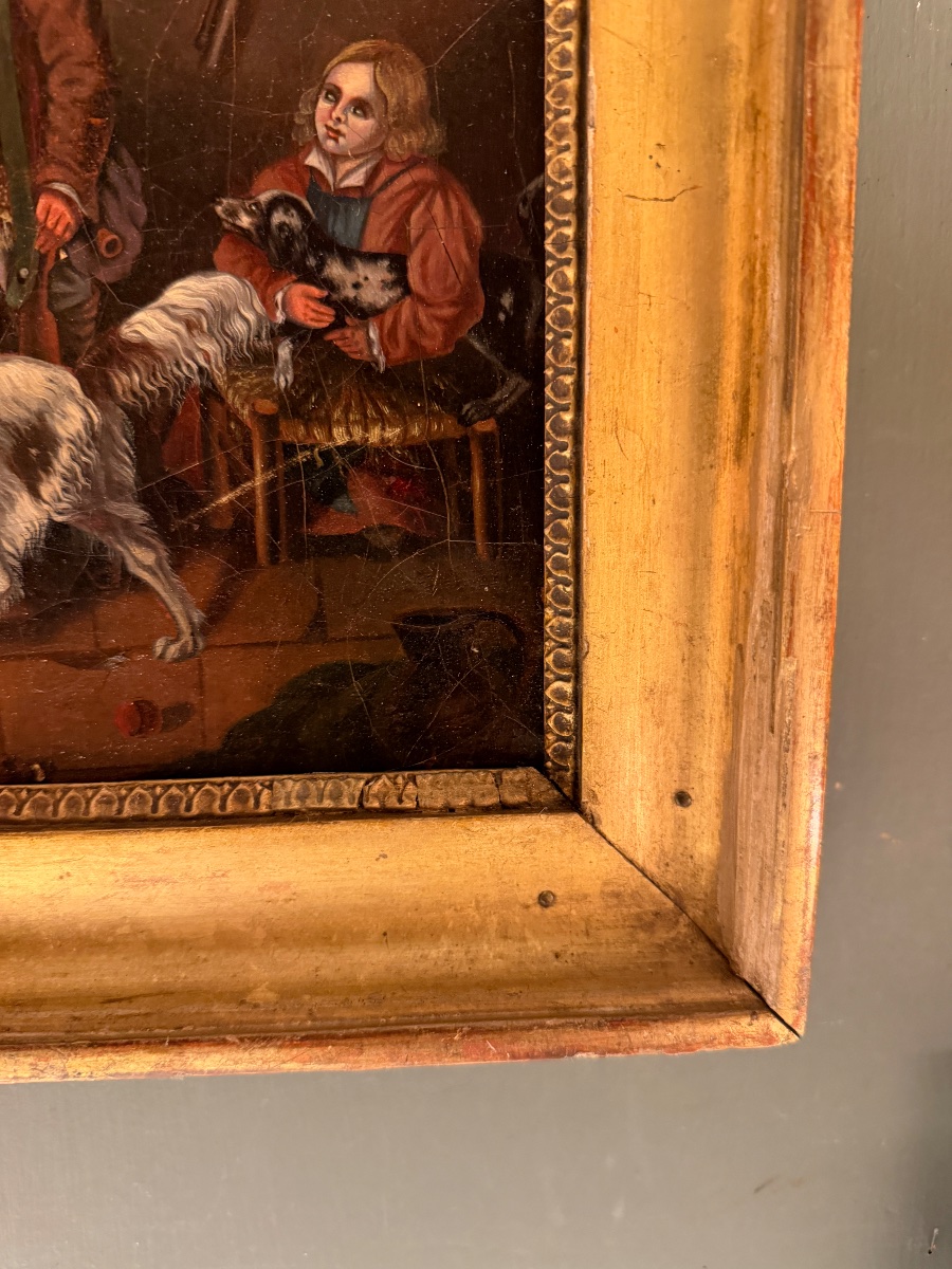 Petit tableau XIXème, scène de chasse avec personnages et chiens-photo-2