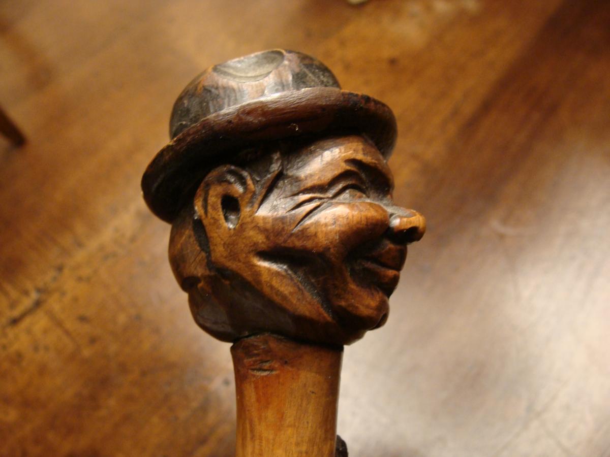 Canne Ancienne, Tête d'Un Homme Au Chapeau En Bois Sculpté-photo-4