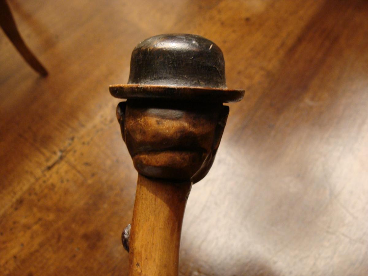 Ancient Cane, Head Of A Man In Sculpted Wooden Hat-photo-2