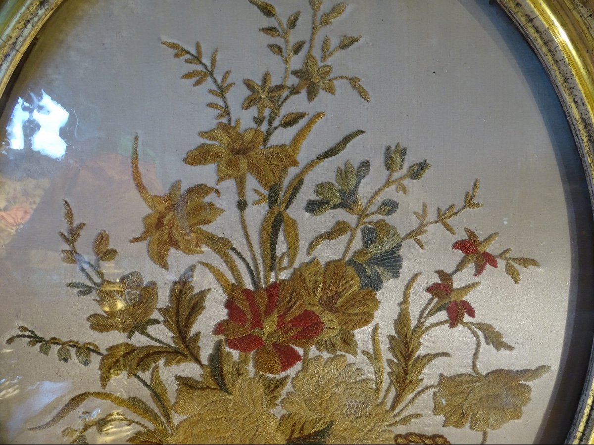 Embroidery On Silk, Bouquet Of Flowers In Medallion-photo-2