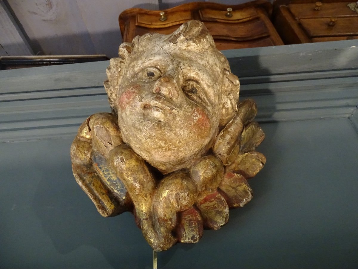 Angel Head In Polychrome Carved Wood-photo-4
