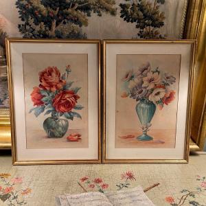 Pair Of Watercolours, Roses And Anemones