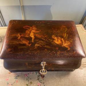Painted Wooden Box Decorated With Nineteenth Cherubs