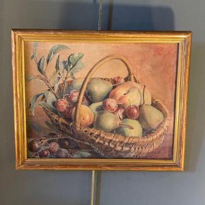 Still Life With Fruit Basket, Watercolor Dated 1917