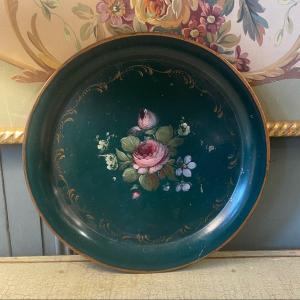 Tray In Painted Sheet Metal With Floral Decor, Diameter 35 Cm