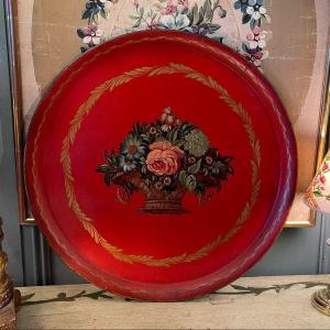 Large Tray Decorated With A Basket Of Flowers, Diameter 50 Cm
