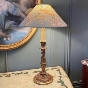 Lamp In Golden Patinated Wood, Height 50 Cm