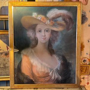 Young Woman In Feathered Hat, Pastel