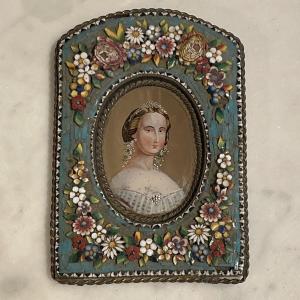 Miniature, Woman With 19th Century Micro Mosaic Frame