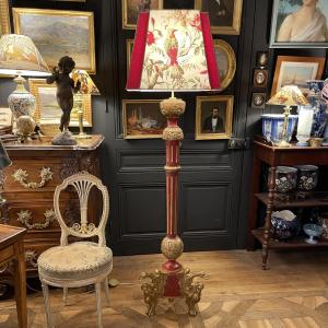 Tripod Floor Lamp In Painted Wood With Griffin Decor, Height 173 Cm
