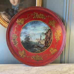 19th Century Painted Sheet Metal Tray, Diameter 40 Cm