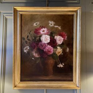 Bouquet de roses anciennes et marguerites, daté 1893