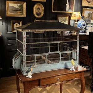 Cage à oiseaux en bois peint XIXe