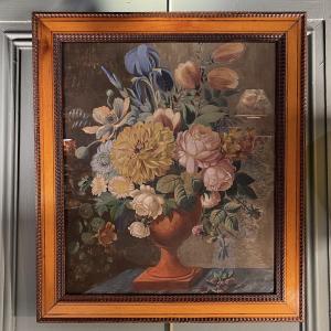 Bouquet de fleurs et framboises, époque Charles X