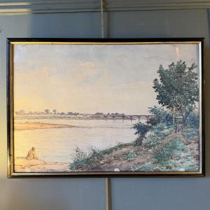 Au bord du Rhône, aquarelle datée 1894