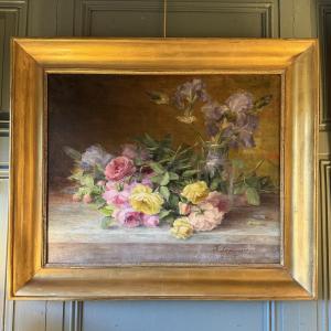 Spray Of Old Roses And Bouquet Of Irises By Théodore Lespinasse