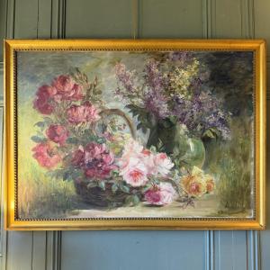 Large Painting Of Flowers, Roses, And Lilacs, Signed By A. Wolf