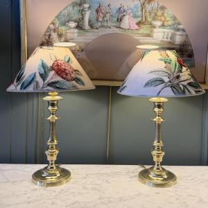 Pair Of Chiseled Bronze Lamps, Height 39 Cm