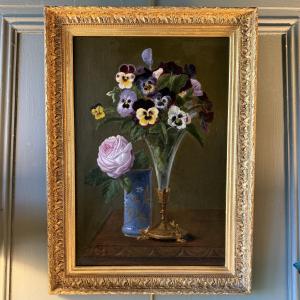 19th-century Painting Of Flowers, Roses, And Pansies