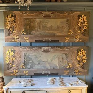 Grande paire de toiles peintes décoratives en trompe-l'oeil