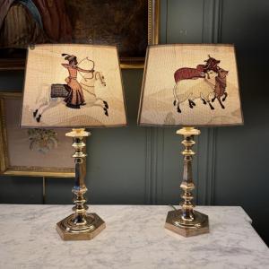 Pair Of Bronze Lamps, Height 46 Cm