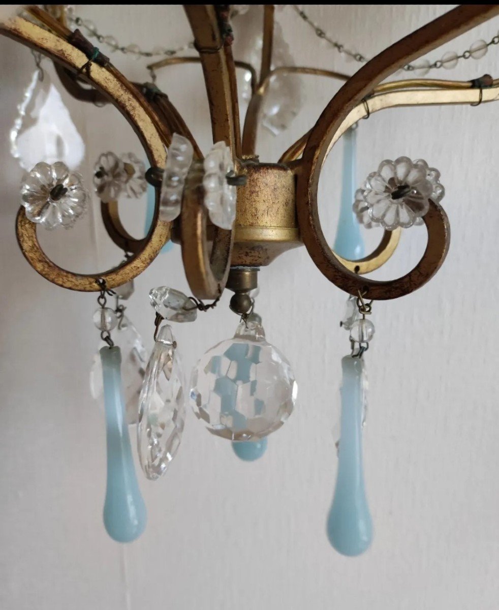 Lustre Opaline Bleu Turquoise Métal Doré-photo-4