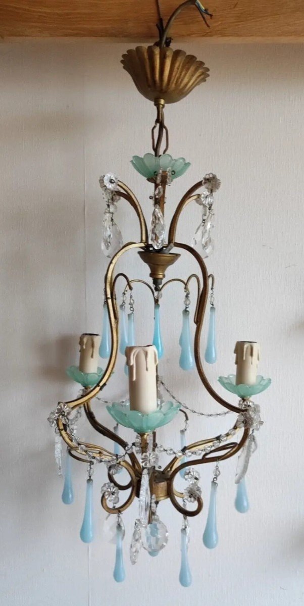 Lustre Opaline Bleu Turquoise Métal Doré
