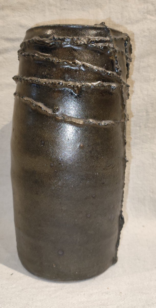 Scarified Ceramic Vase Signed -photo-2