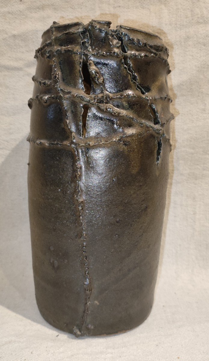 Scarified Ceramic Vase Signed -photo-4