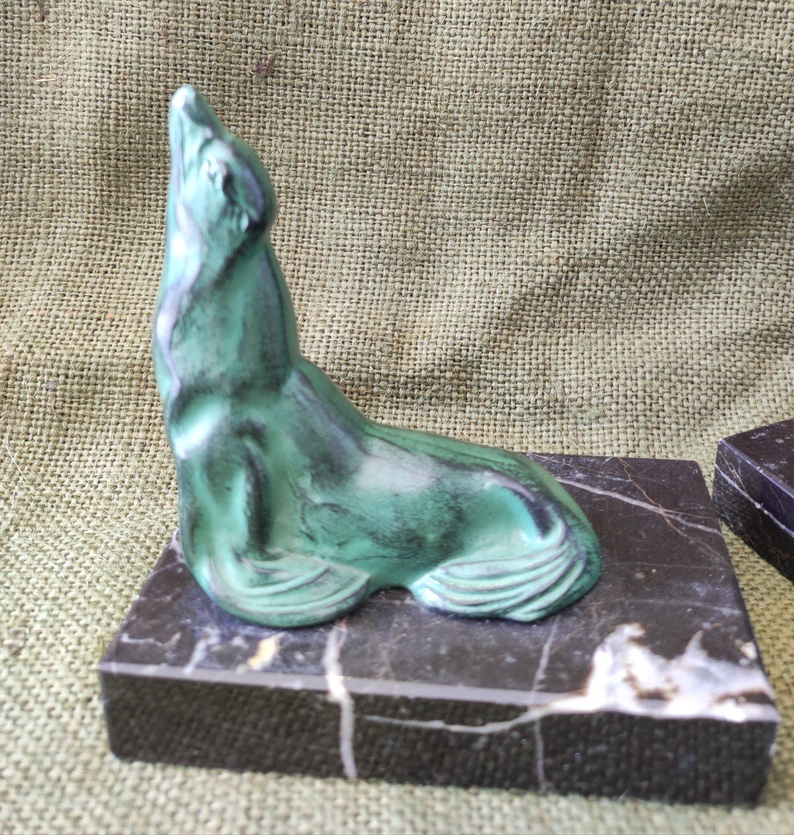 Pair Of Sea Lion Bookends Spelter Marble Patina -photo-2
