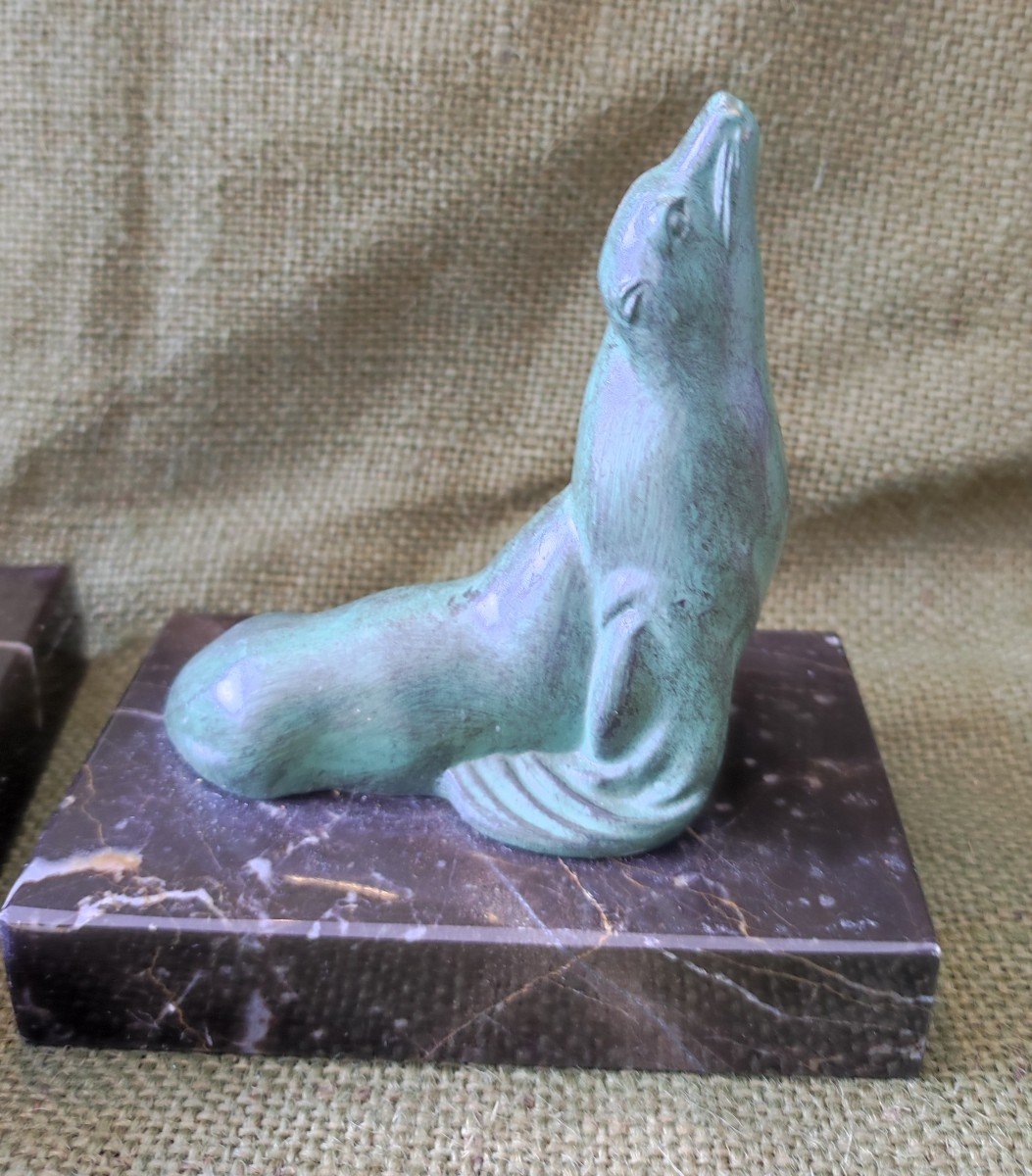 Pair Of Sea Lion Bookends Spelter Marble Patina -photo-2