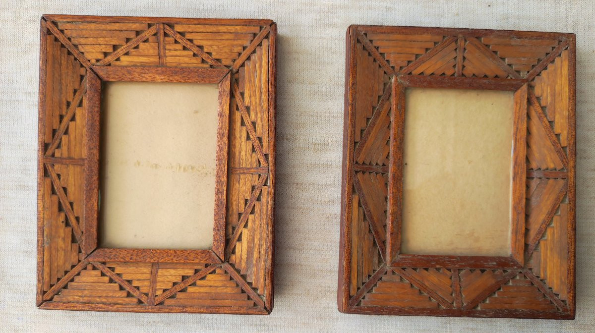 paire de cadres art populaire bois marqueterie feuillure 8 cm x 6 cm -photo-1