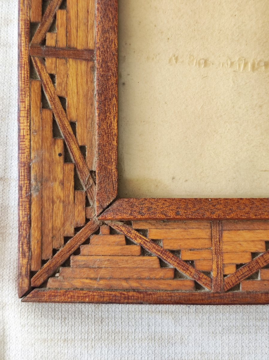 paire de cadres art populaire bois marqueterie feuillure 8 cm x 6 cm -photo-4