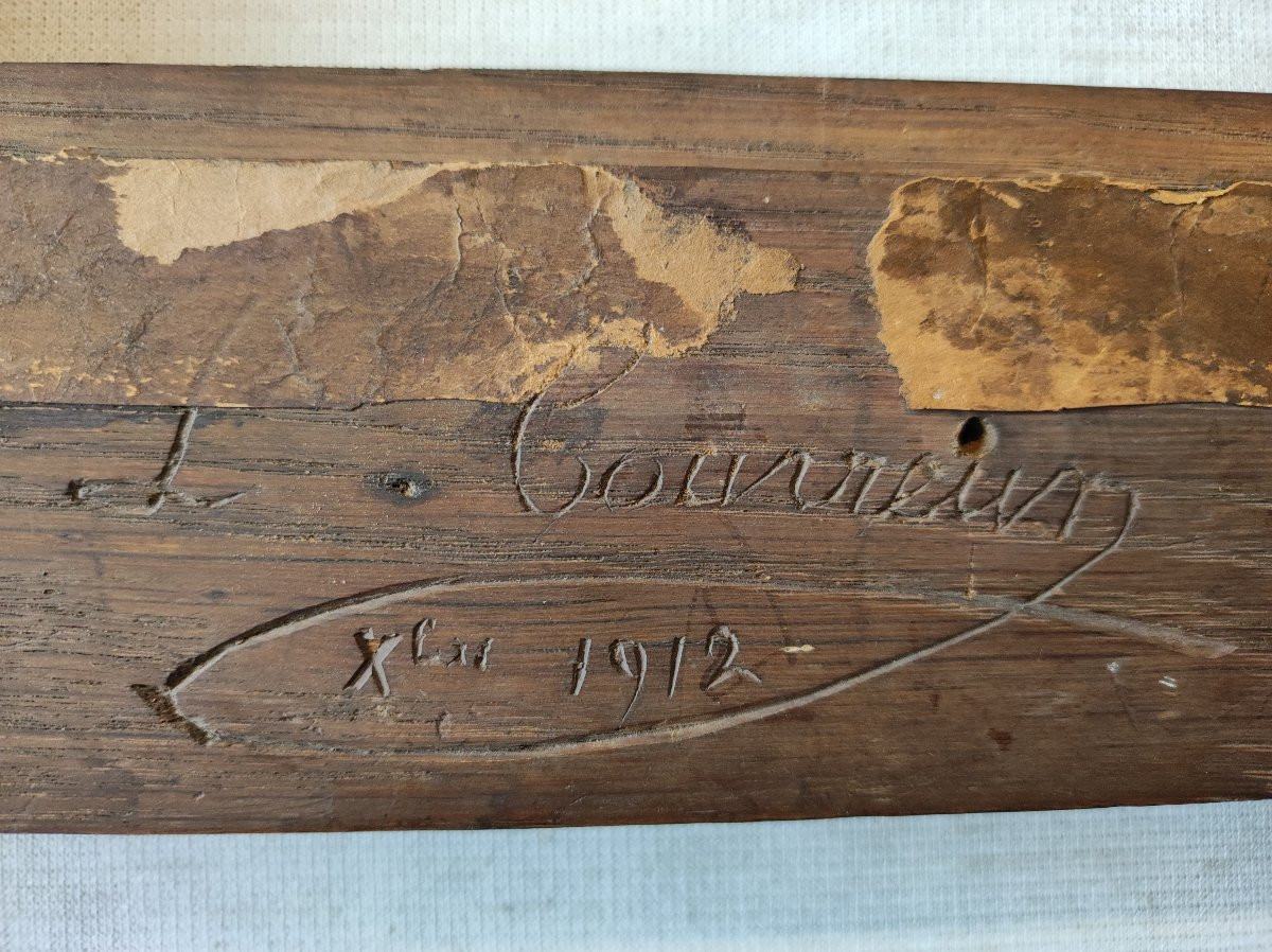 Antique Carved Natural Wood Frame With Floral Decoration, Signed And Dated 1912, Rabbet 35 Cm X 26 Cm -photo-7