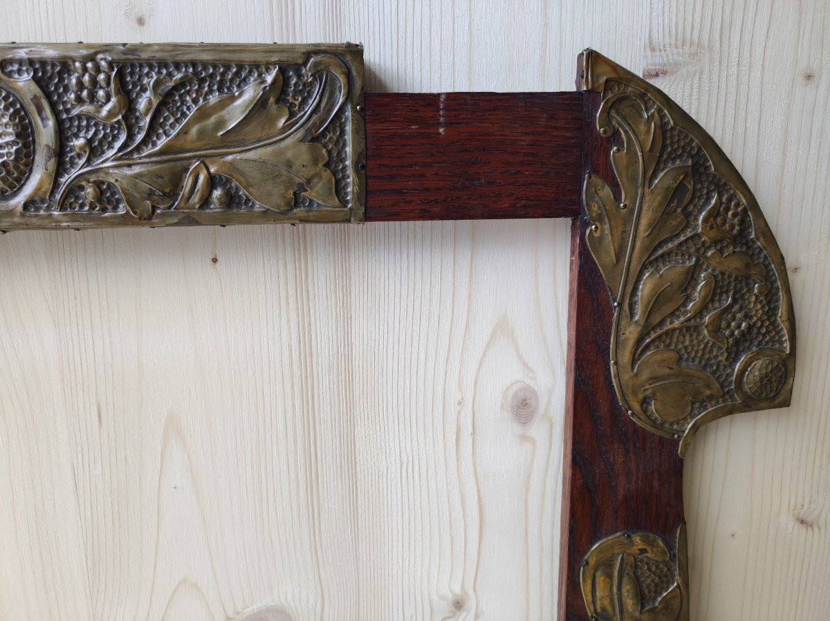 ancien cadre art nouveau bois et laiton repoussé feuillure 42 cm x 32 cm -photo-3