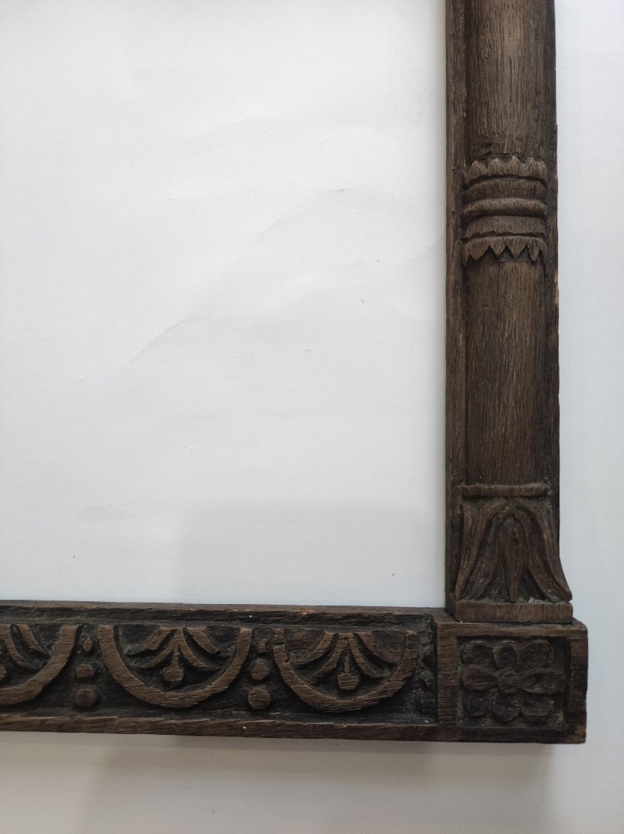 Ancien cadre a colonne bois naturel sculpté feuillure 26 cm x 23 cm -photo-2