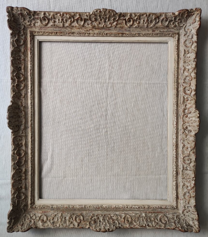 Ancien cadre Montparnasse bois et stuc patiné feuillure 61 cm x 50 cm format 12F