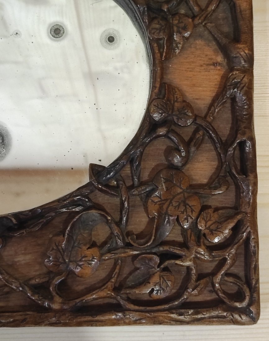 Antique 19th-century Black Forest Mirror, Natural Carved Wood With Ivy And Tree Design-photo-2