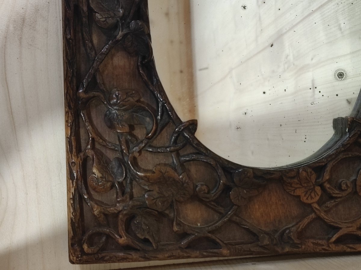 Antique 19th-century Black Forest Mirror, Natural Carved Wood With Ivy And Tree Design-photo-3