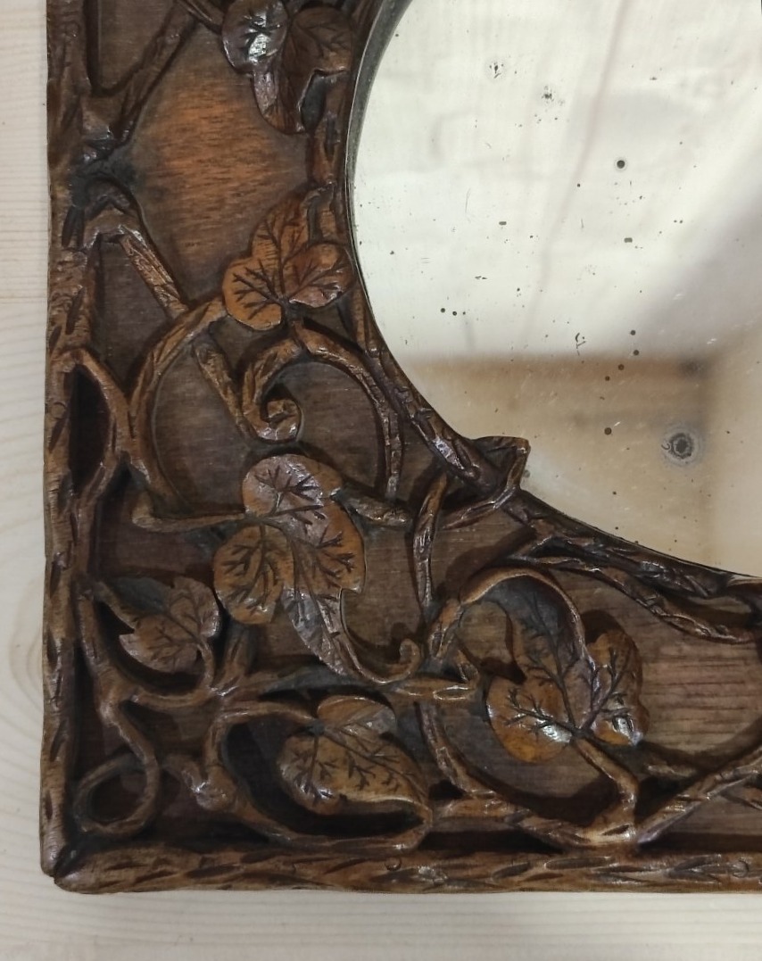 Antique 19th-century Black Forest Mirror, Natural Carved Wood With Ivy And Tree Design-photo-1