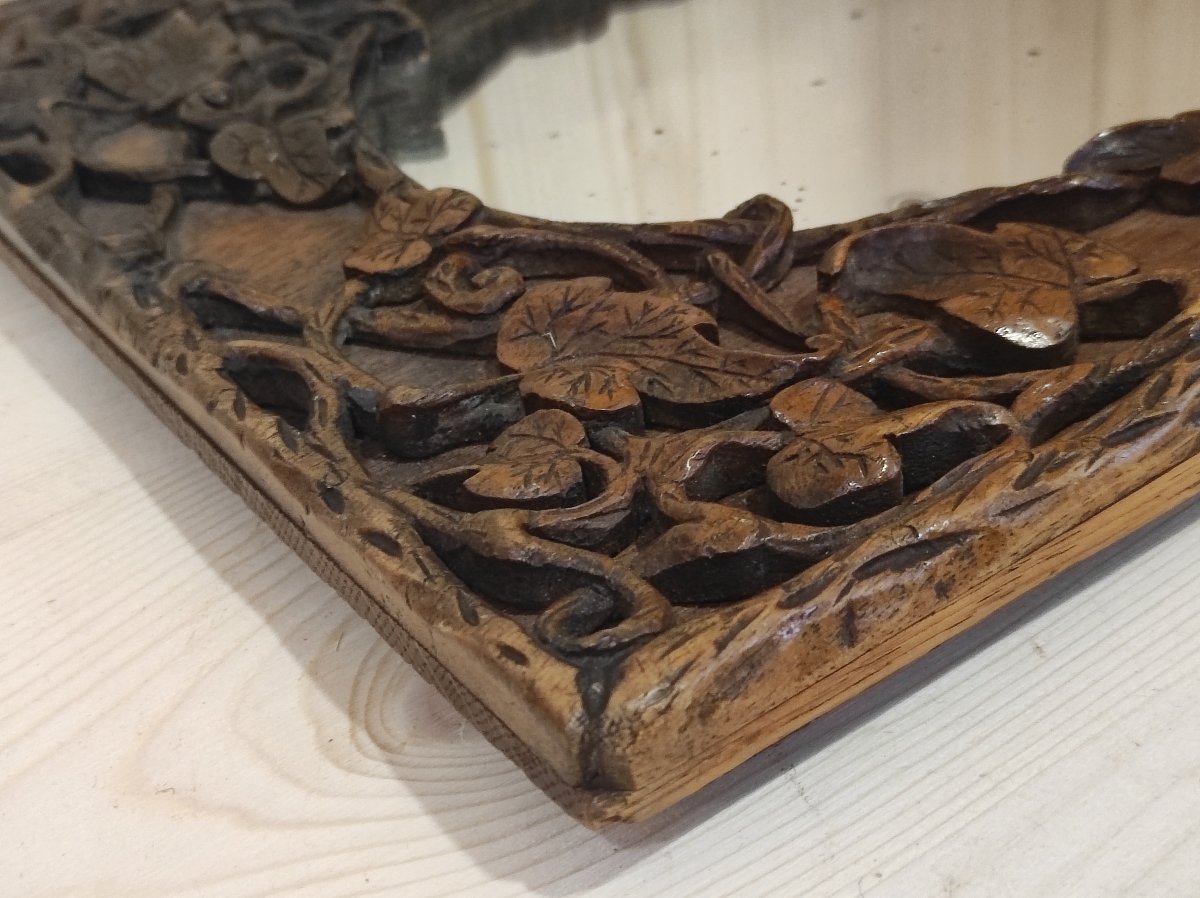 Antique 19th-century Black Forest Mirror, Natural Carved Wood With Ivy And Tree Design-photo-2