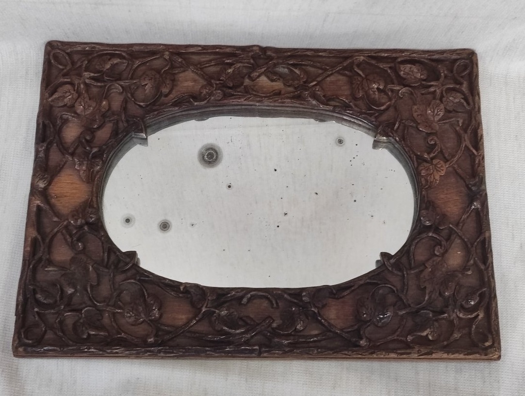 Antique 19th-century Black Forest Mirror, Natural Carved Wood With Ivy And Tree Design-photo-6